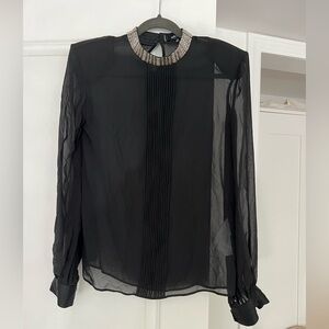 Elegant Black Silk Sheer Top with Embellished Collar